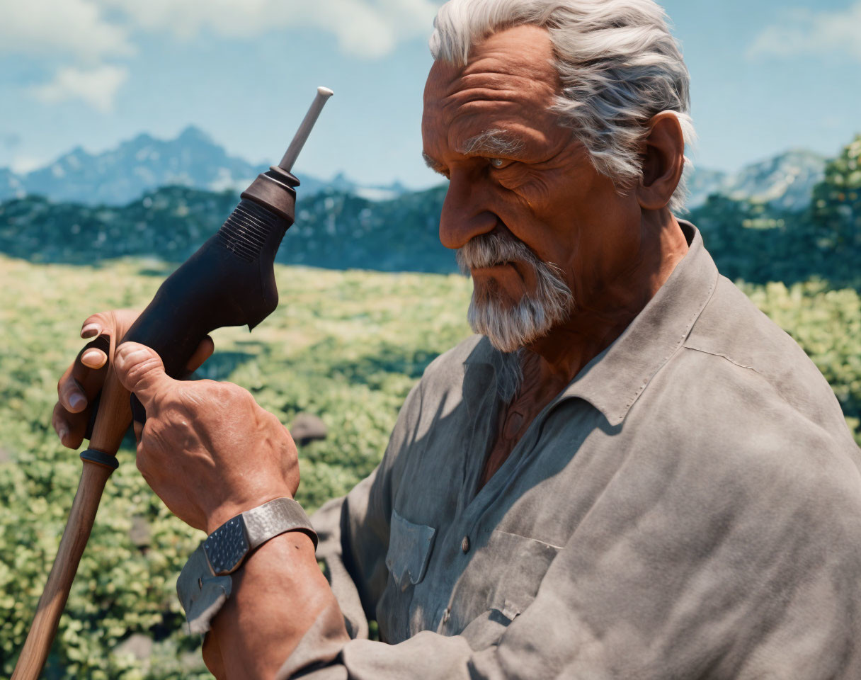 Elderly man repairing walking stick outdoors with mountain backdrop