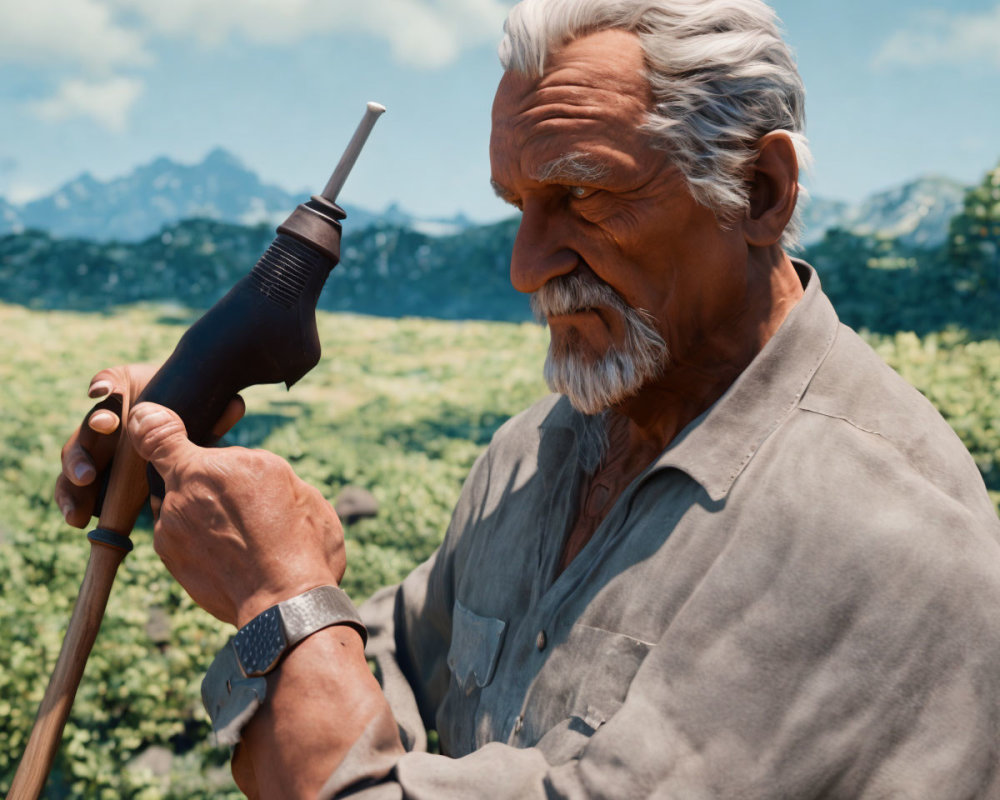 Elderly man repairing walking stick outdoors with mountain backdrop