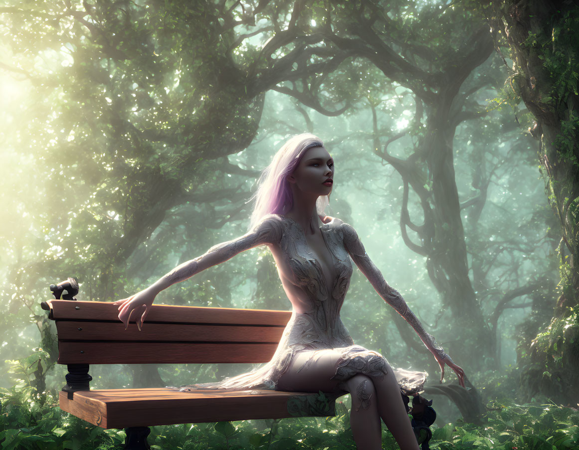 Fantasy-themed art: Woman with purple hair in misty forest