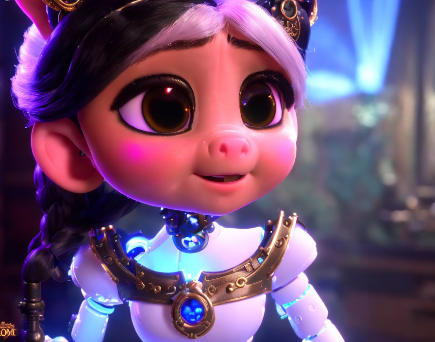 Steampunk-style 3D animated character with big eyes and glowing blue elements