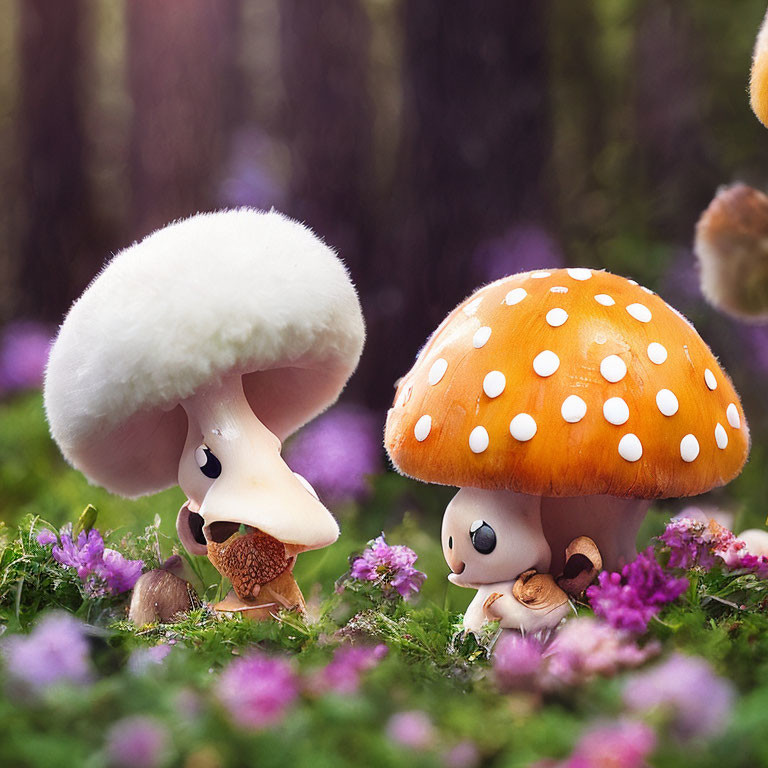 Whimsical anthropomorphic mushrooms in vibrant forest with purple flowers