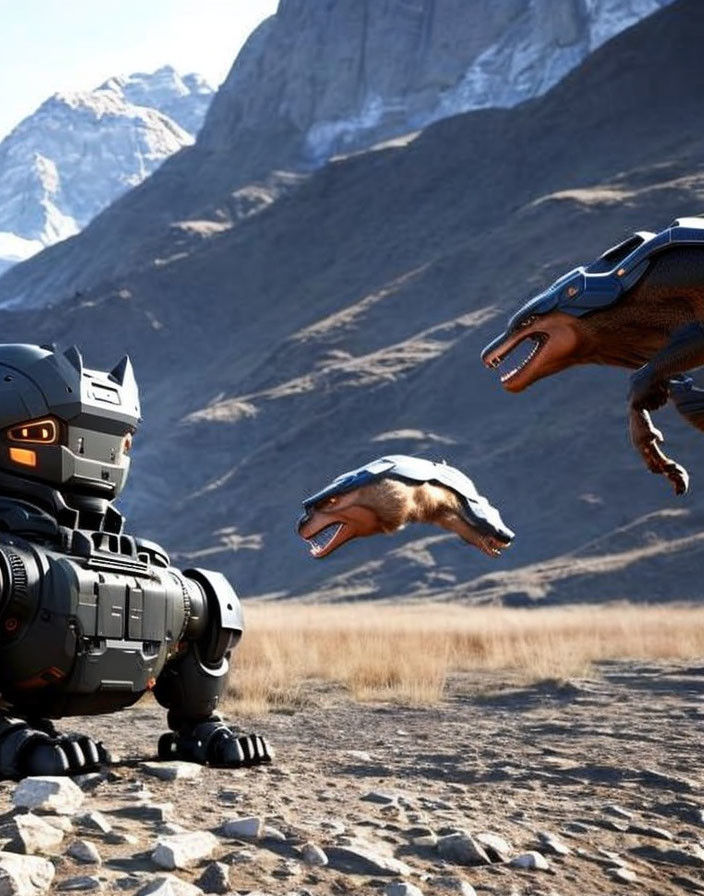 Robot Dog Interacts with Dinosaur Hologram in Mountain Scene