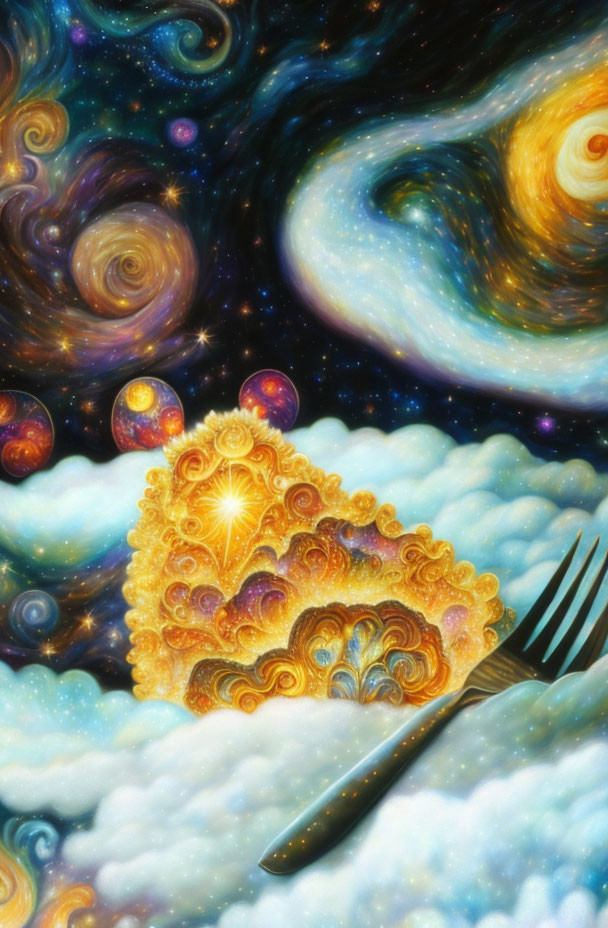 Whimsical painting of pie slice on cosmic background with clouds and fork