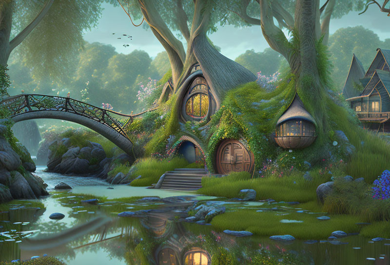 Fantasy landscape with whimsical treehouses, river, flora, footbridge