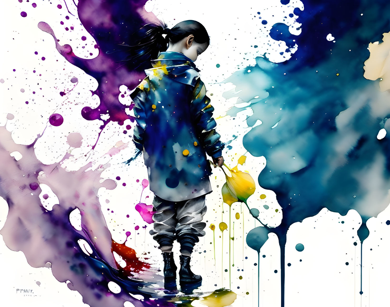 Colorful Child Profile Holding Umbrella Amid Ink Blots