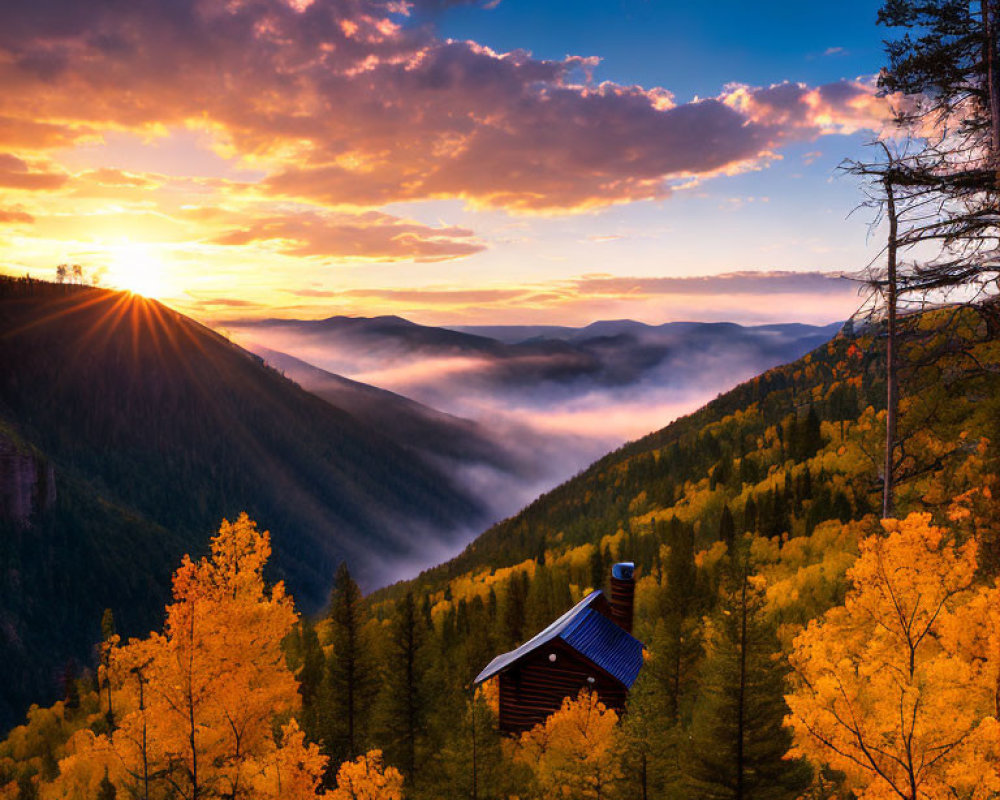 Misty Valley Sunset with Golden Autumn Trees and Cabin