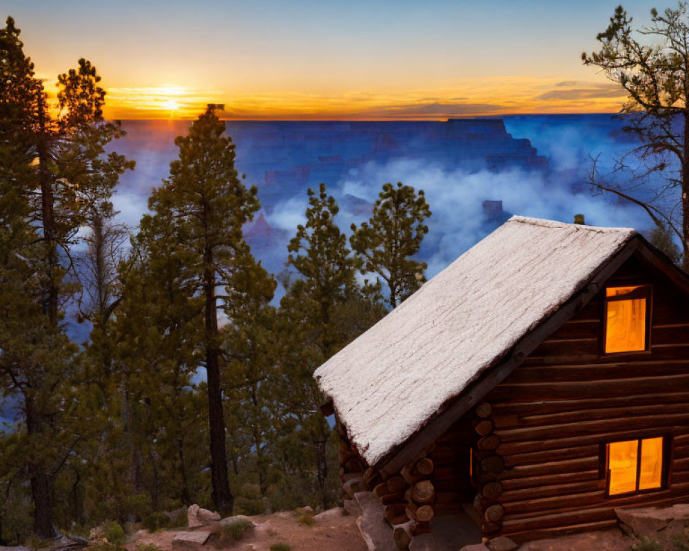 Rustic log cabin in forest at sunrise with mist-covered canyon view