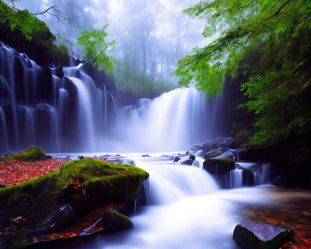 Tranquil waterfall in misty woods with moss-covered rocks