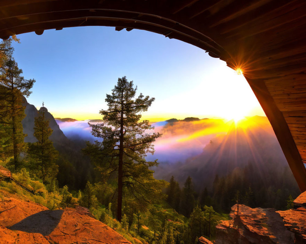 Scenic sunrise view from wooden cabin over misty forest valley