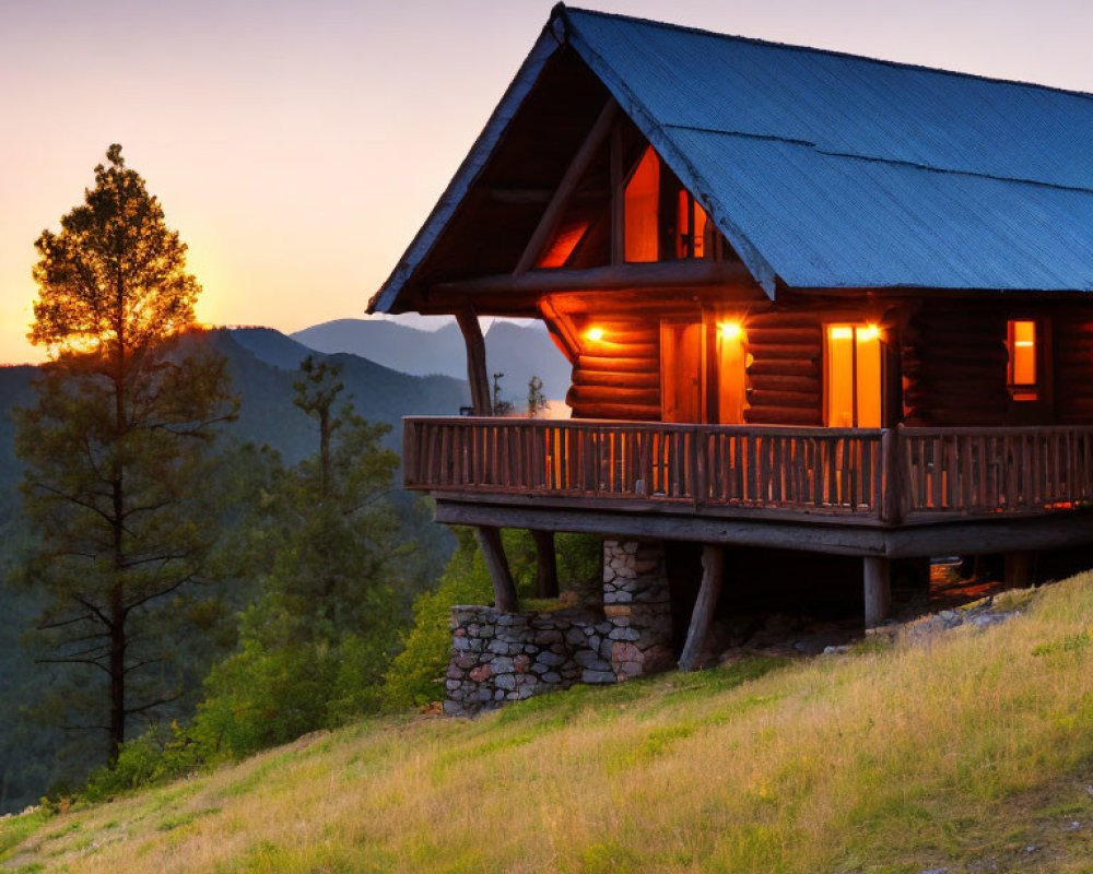 Wooden cabin with blue roof on stilts in sunset setting among trees with warm glowing windows