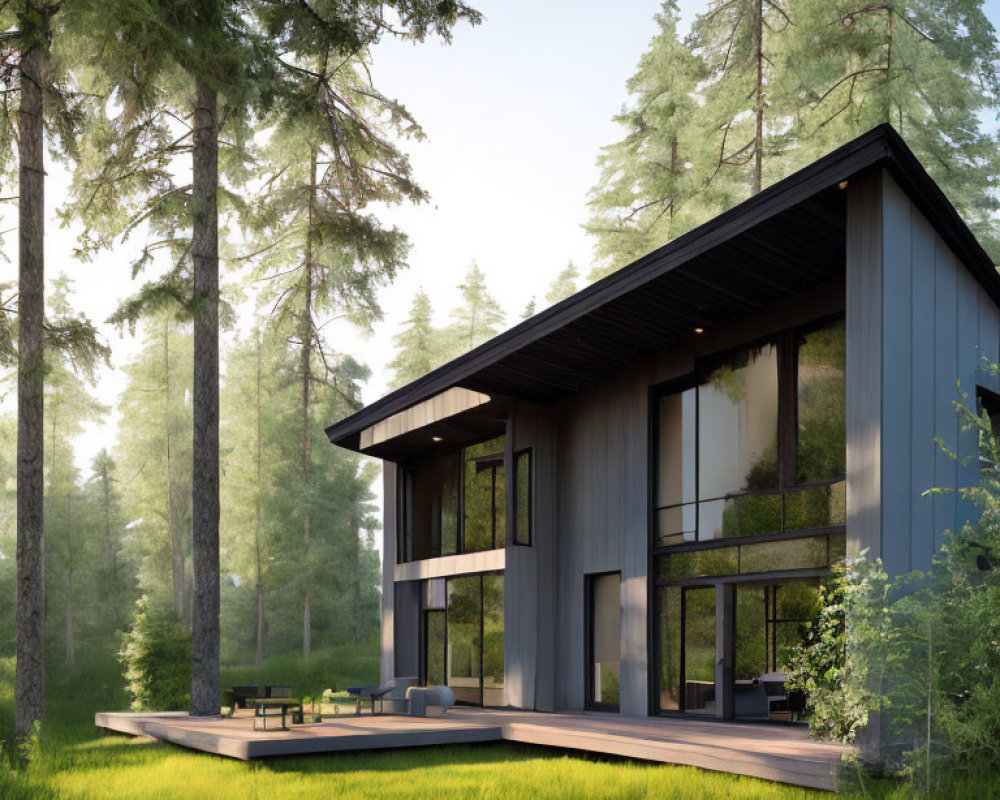 Contemporary Two-Story House with Large Windows and Forest Views