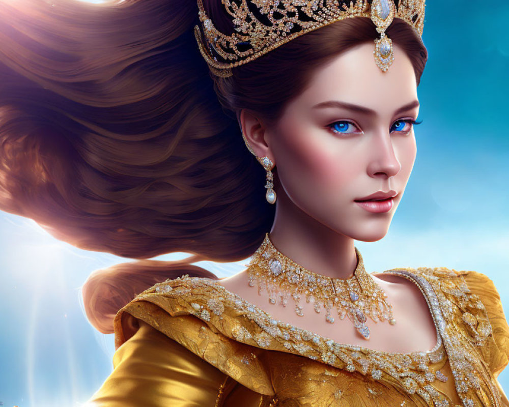 Royal woman illustration: brown hair, blue eyes, golden crown, regal gold gown, sky-blue