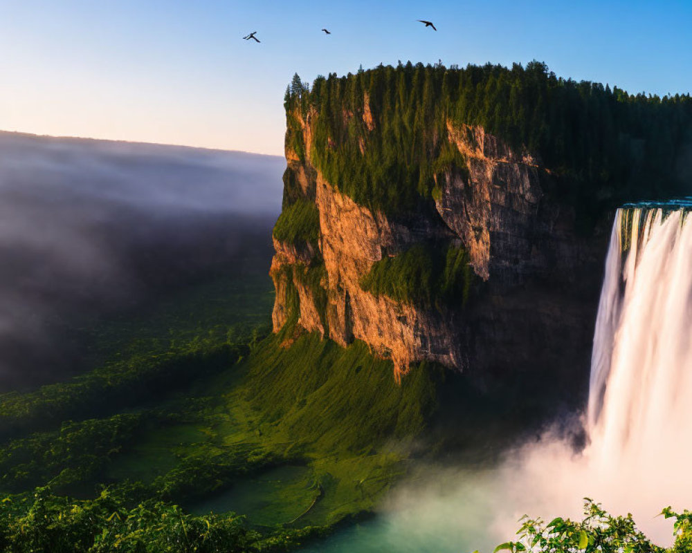 Cliff Waterfall Cascading into Misty Basin at Sunrise