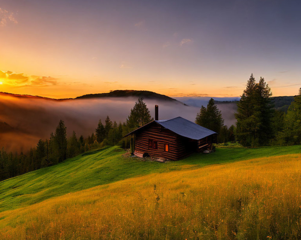 Tranquil sunrise over foggy valley with wooden cabin on green hill