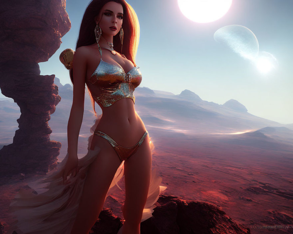 Digital artwork: Woman in golden fantasy attire, desert landscape, rocky formations, two moons.