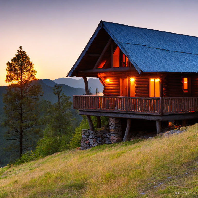 Wooden cabin with blue roof on stilts in sunset setting among trees with warm glowing windows