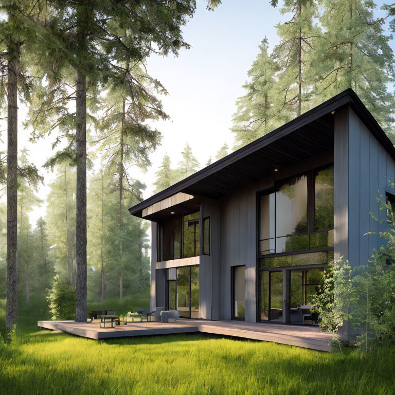 Contemporary Two-Story House with Large Windows and Forest Views