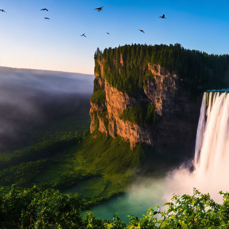 Cliff Waterfall Cascading into Misty Basin at Sunrise