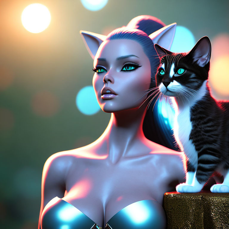 Female figure with cat-like features and black & white cat in soft light setting