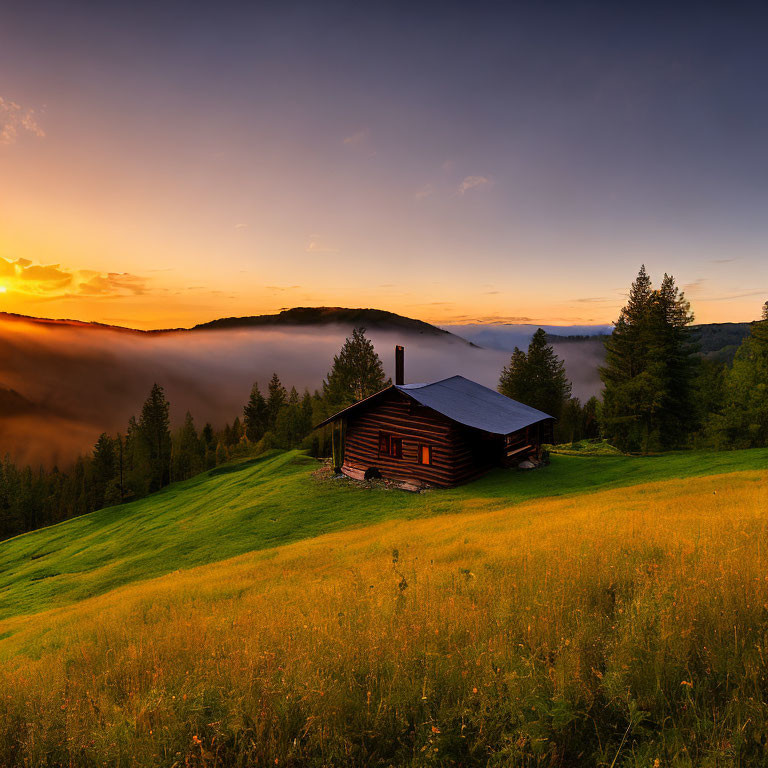 Tranquil sunrise over foggy valley with wooden cabin on green hill