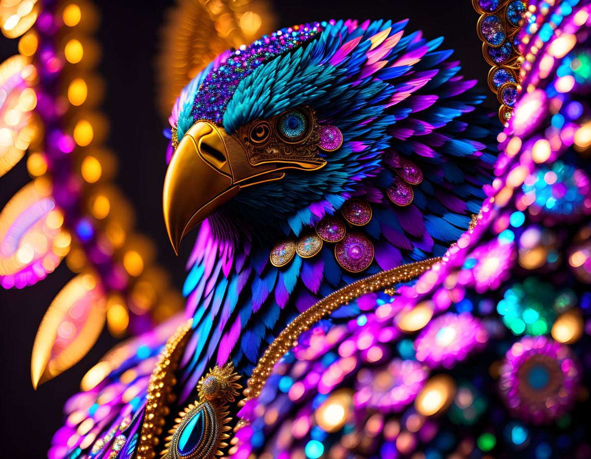 Colorful digital art of majestic eagle with iridescent feathers & golden jewelry.