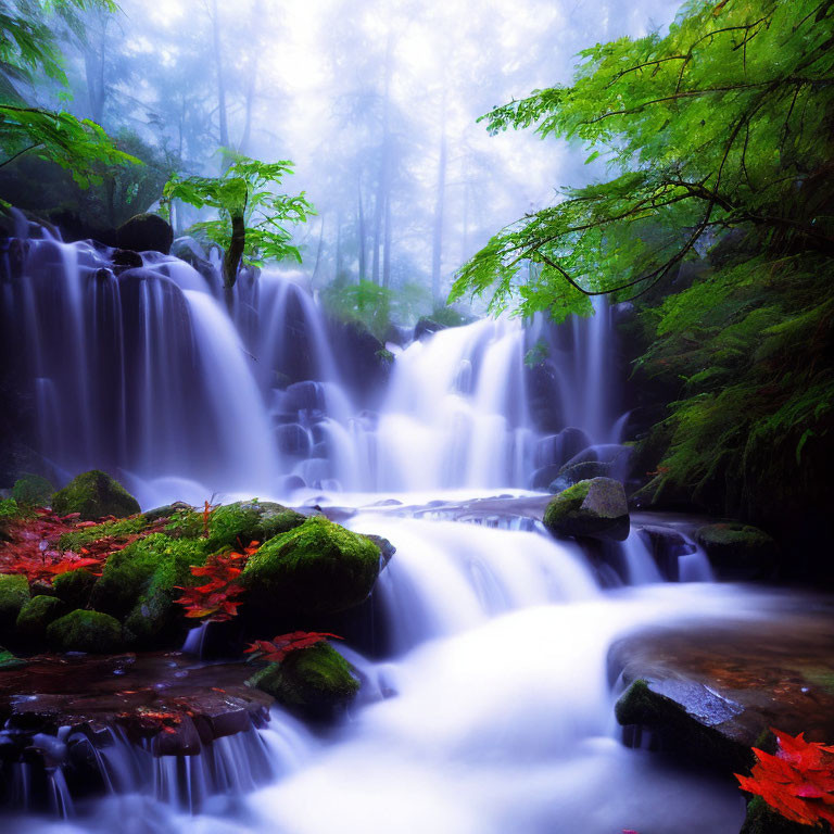 Ethereal misty waterfall over mossy rocks in autumn scene