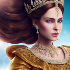 Royal woman illustration: brown hair, blue eyes, golden crown, regal gold gown, sky-blue