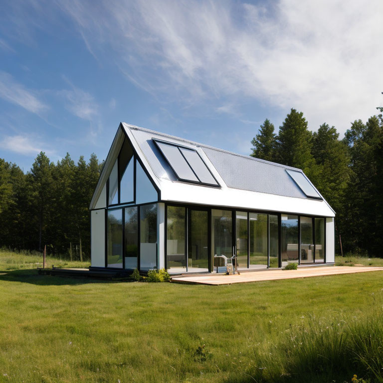 Modern A-Frame House with Large Glass Windows, Solar Panels, Grass Field, Trees, Clear Sky