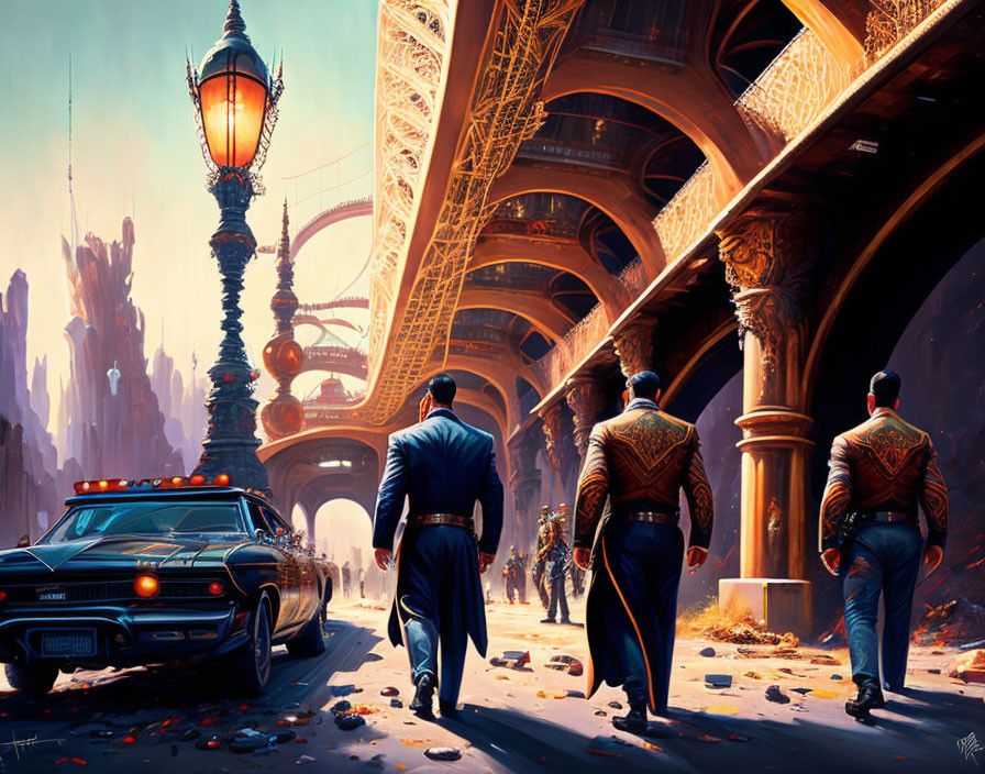 Three uniformed men by classic car in futuristic cityscape with Eiffel Tower-like structure.