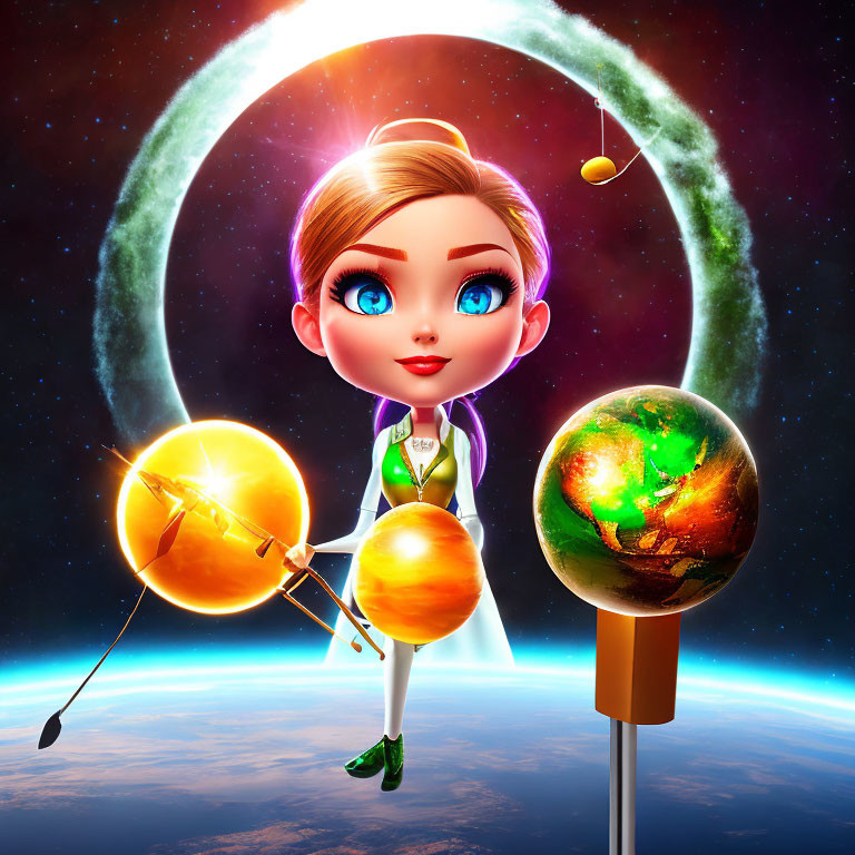 Animated girl holding model solar system in space