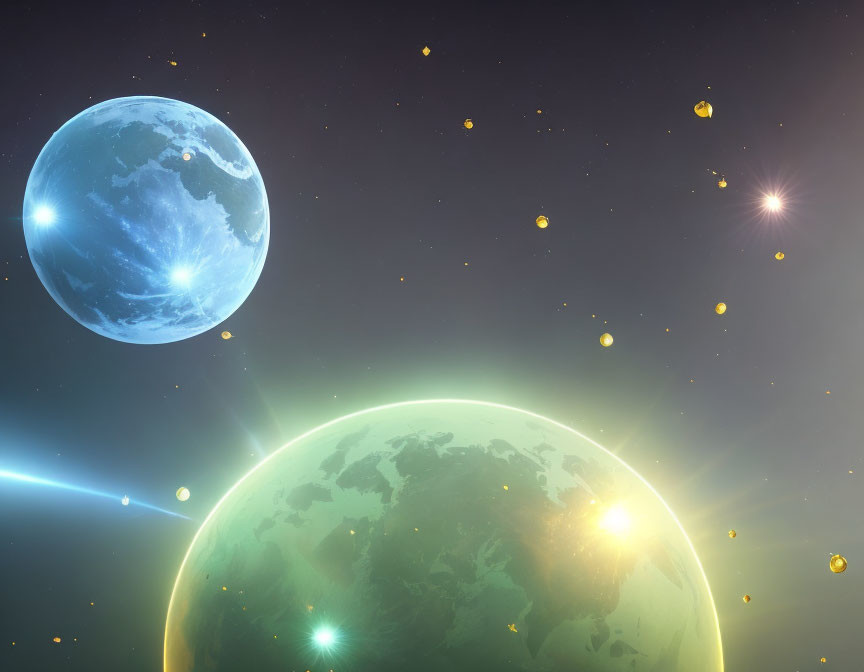 Digital art: Glowing planets in starry space