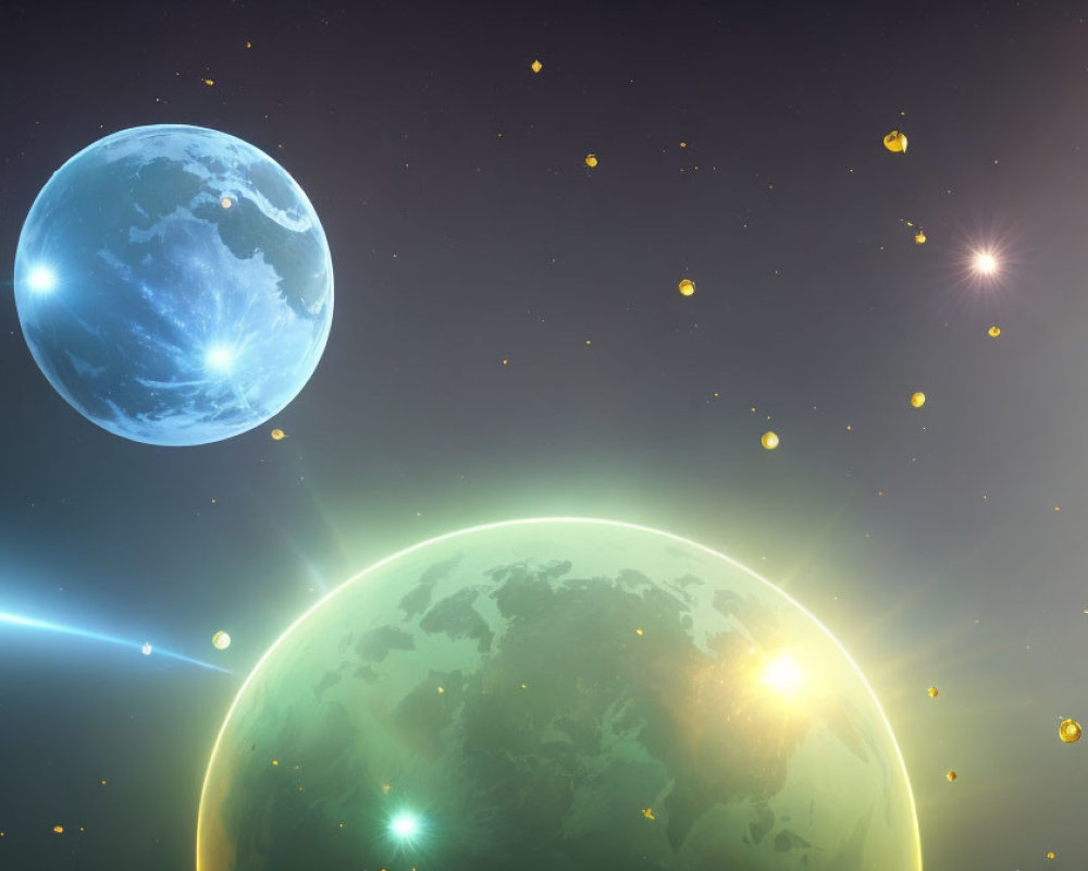 Digital art: Glowing planets in starry space