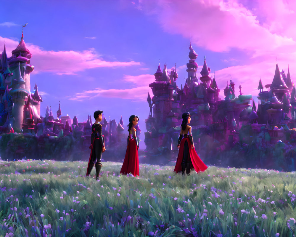 Three animated characters in flower field with fantasy castle at dusk