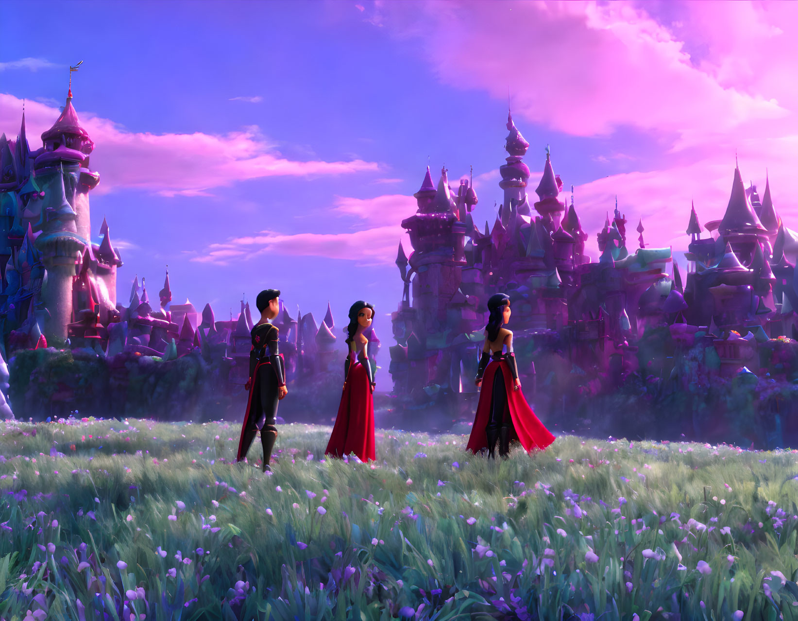 Three animated characters in flower field with fantasy castle at dusk