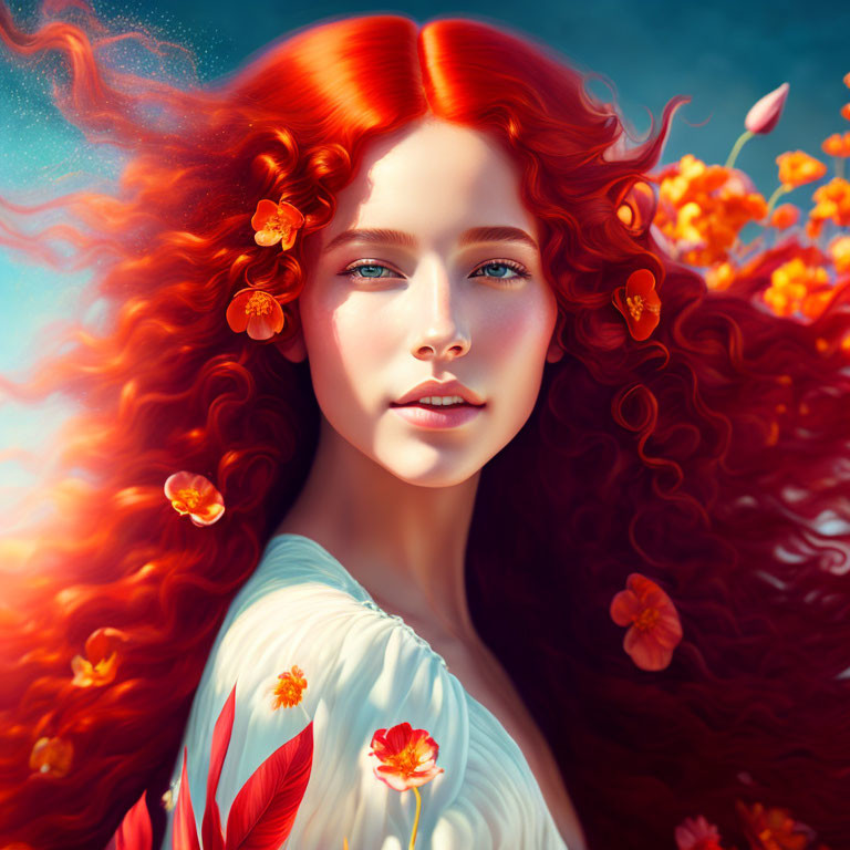 Digital artwork: Woman with red hair, blue eyes, white dress, under blue sky