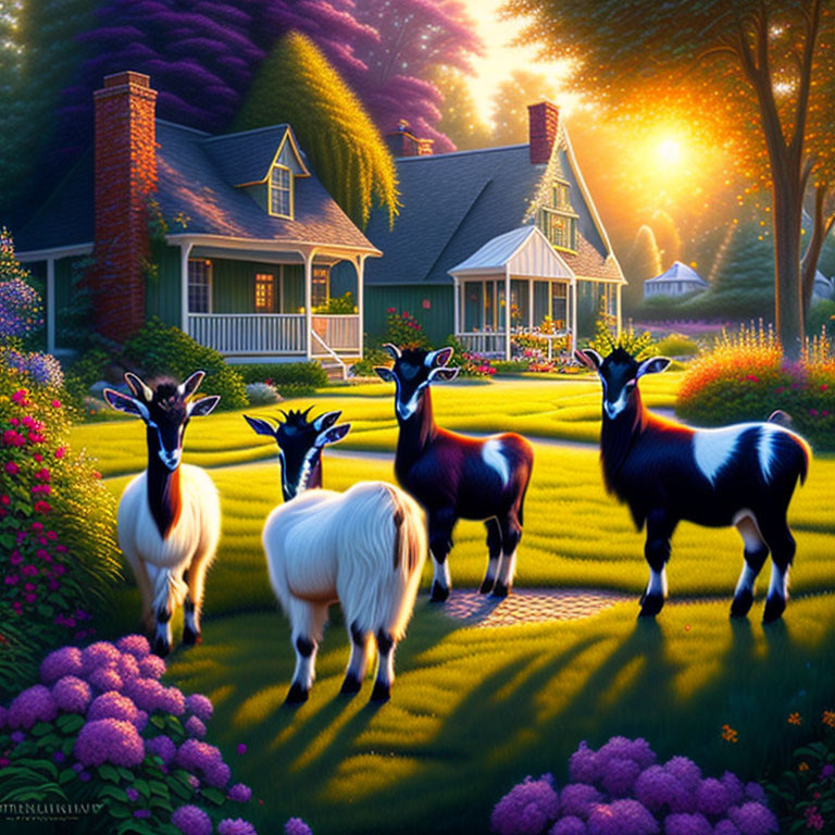 Four Goats in Vibrant Garden at Sunset