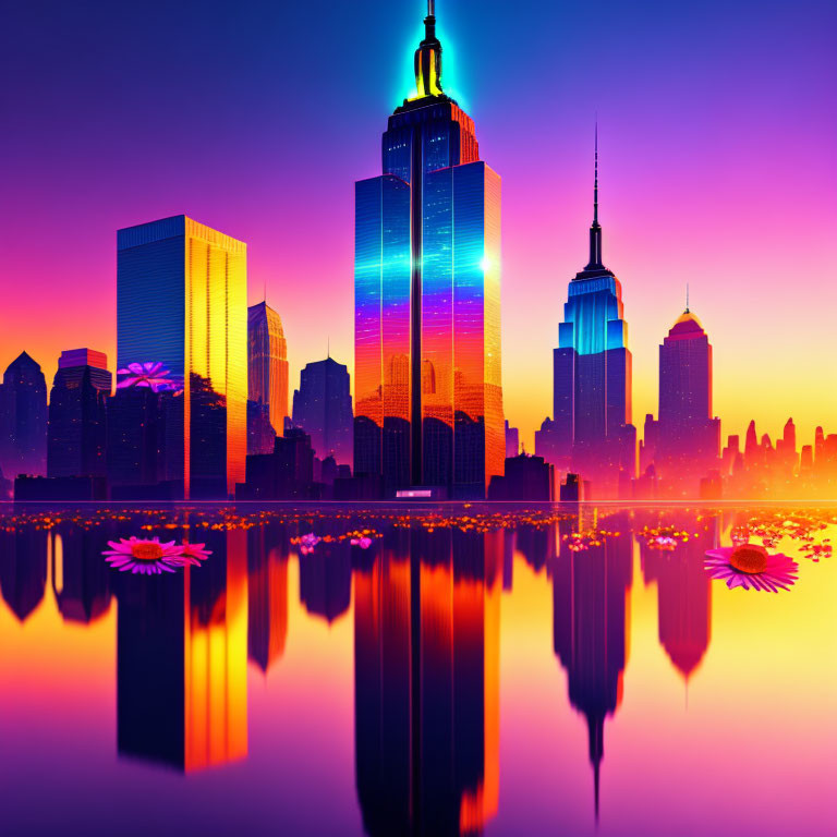 Colorful sunset city skyline with neon reflections and lotus flowers.