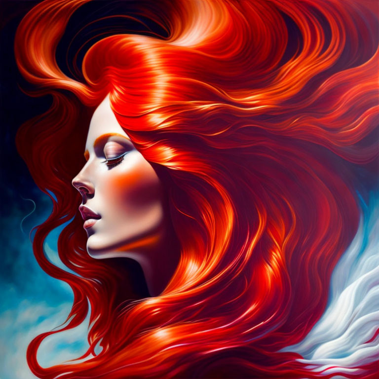 Digital artwork featuring woman with flowing red hair on blue background