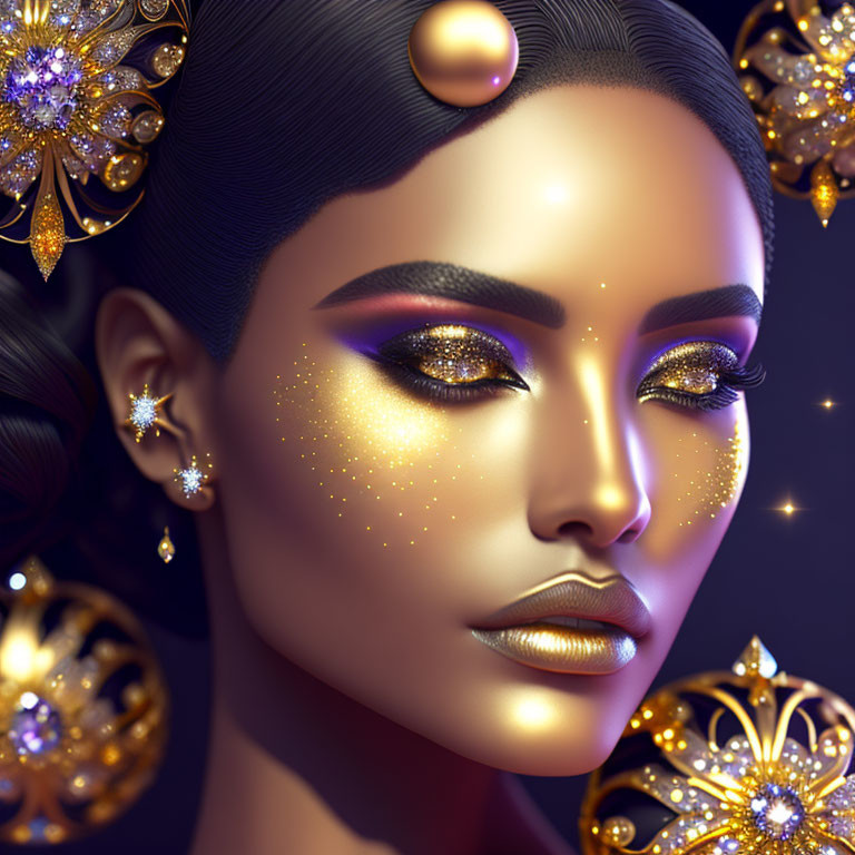 Digital Art: Woman with Golden Sparkling Makeup and Cosmic Jewelry