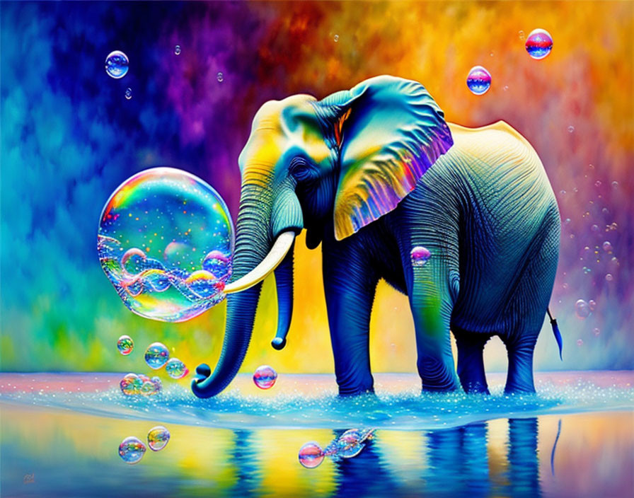 Colorful Elephant Blowing Soap Bubbles in Psychedelic Painting