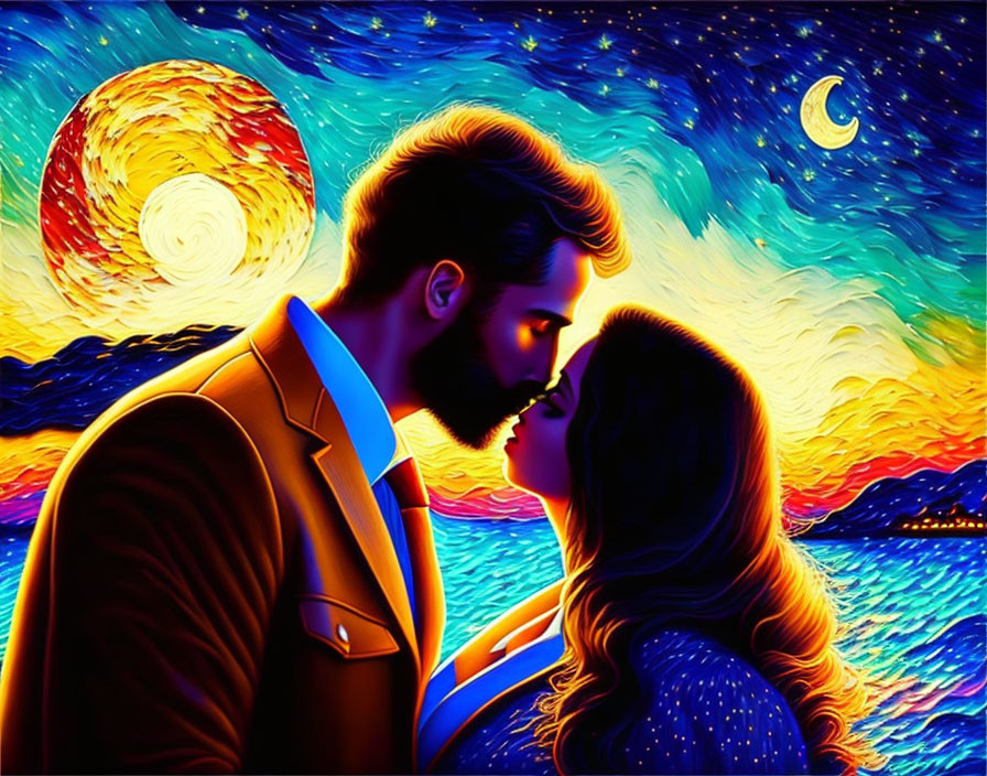 Romantic couple illustration with swirling colors reminiscent of "Starry Night