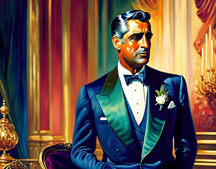 Stylized illustration of man in blue tuxedo against colorful curtain