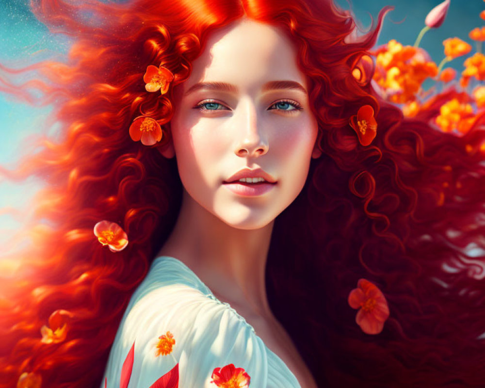 Digital artwork: Woman with red hair, blue eyes, white dress, under blue sky