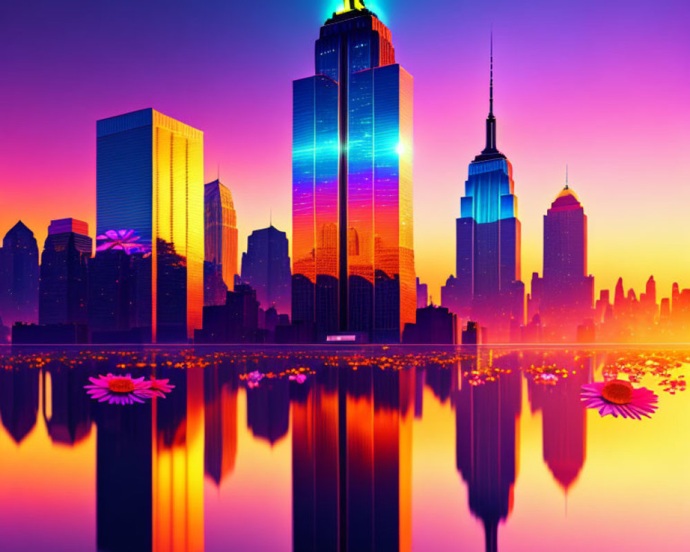 Colorful sunset city skyline with neon reflections and lotus flowers.