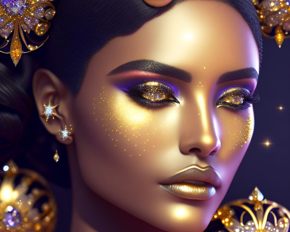 Digital Art: Woman with Golden Sparkling Makeup and Cosmic Jewelry