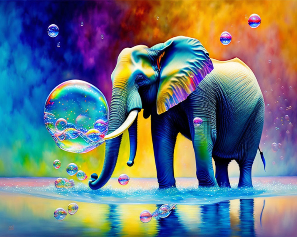 Colorful Elephant Blowing Soap Bubbles in Psychedelic Painting