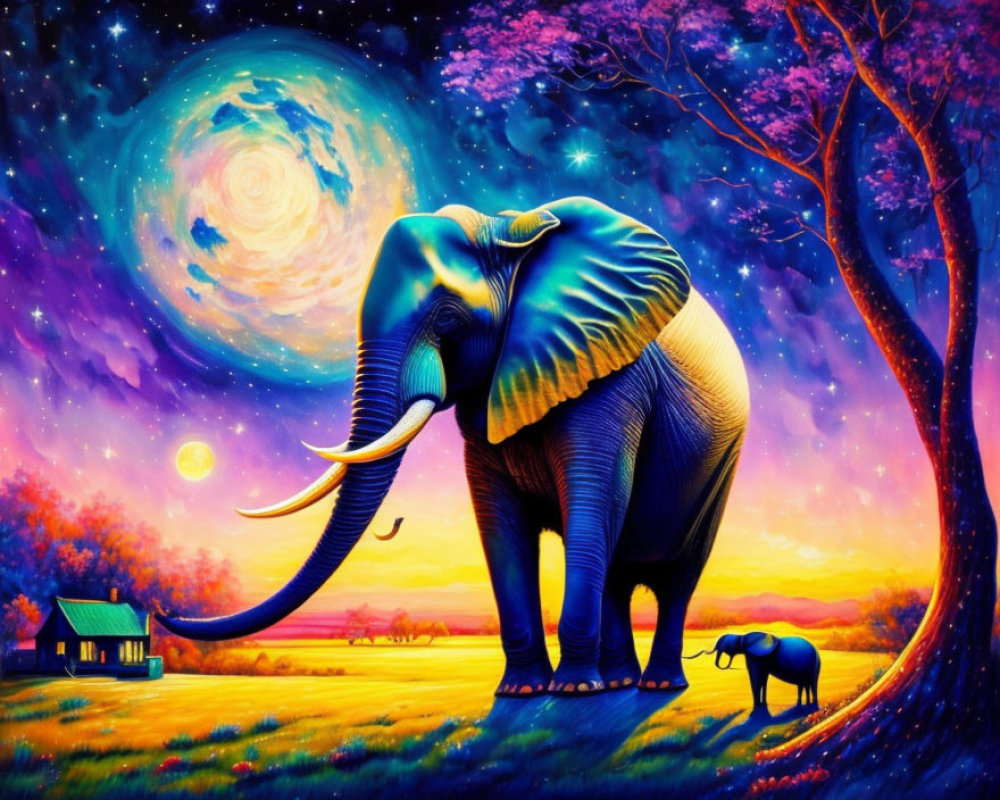 Colorful artwork: Two elephants under starry sky with galaxies, surreal landscape