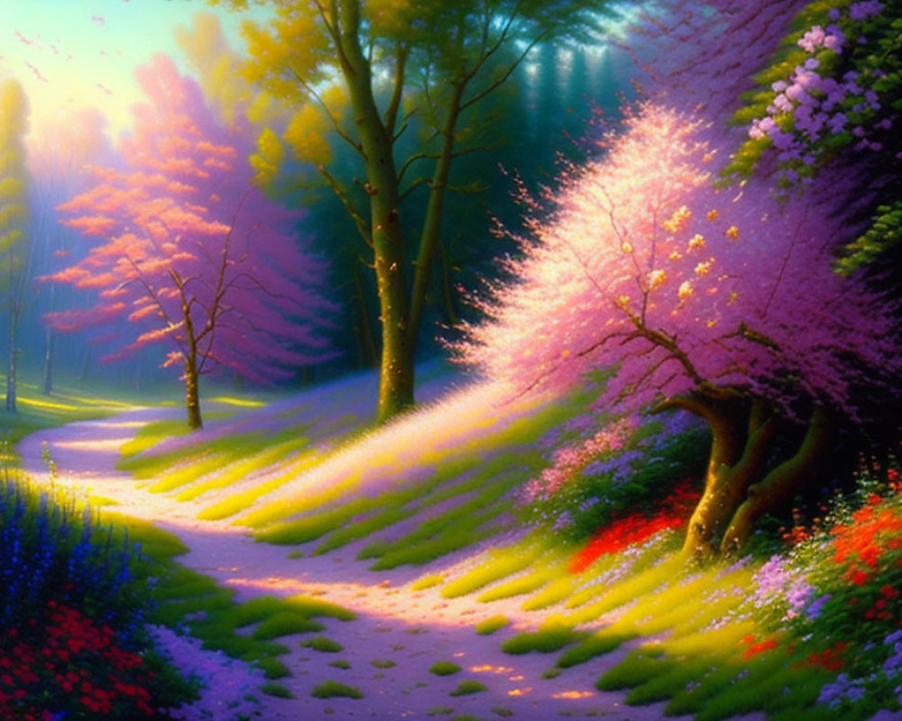 Tranquil forest path with pink blossoming trees and colorful flowers