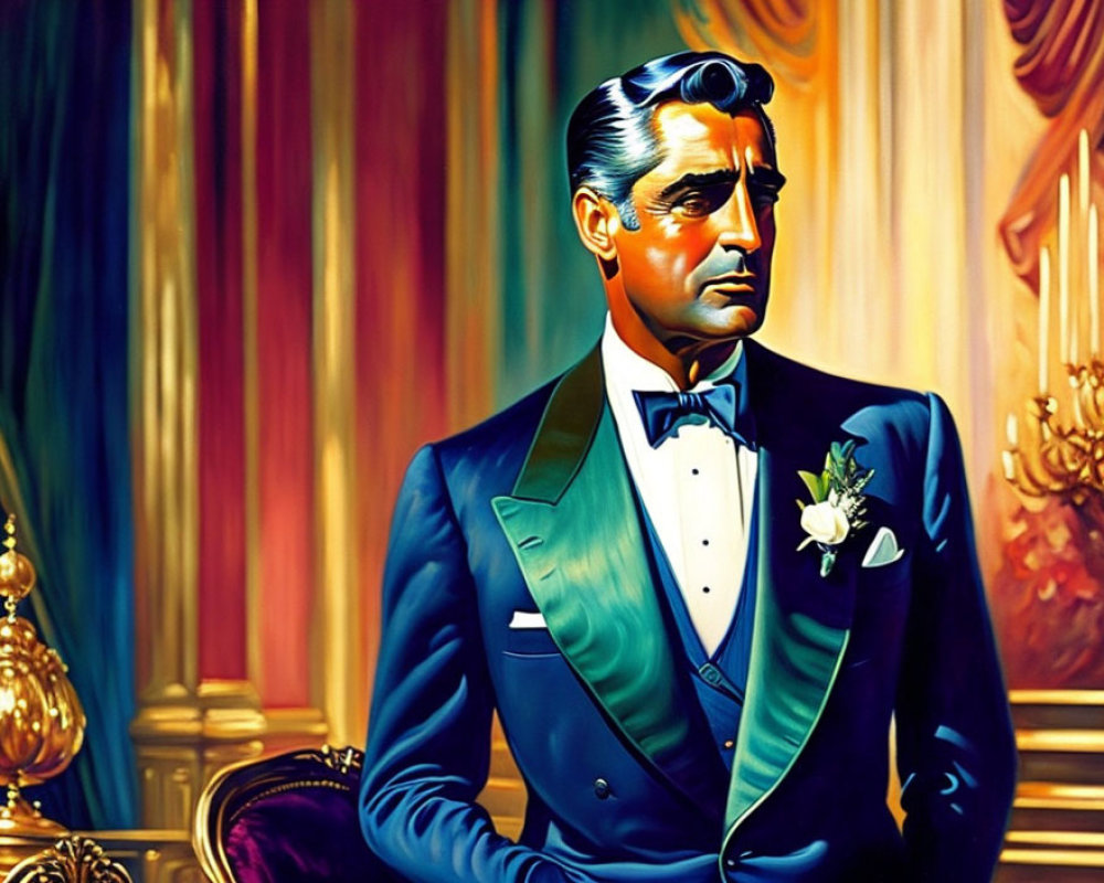 Stylized illustration of man in blue tuxedo against colorful curtain