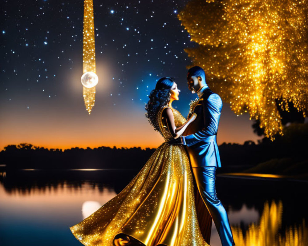 Formal Attired Couple by Tranquil Lake Under Starry Night Sky